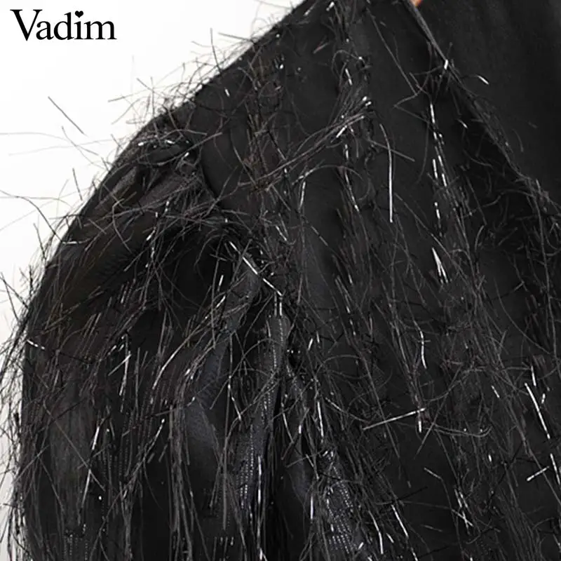 Vadim, женское сексуальное мини-платье с кисточками в стиле пэчворк, v-образный вырез, длинный рукав, прямые вечерние платья, Клубная одежда, черные стильные платья, vestidos QC988