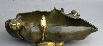 

8" Folk Chinese Old Bronze Gilt Carving Frog Lotus Flower Shape Statue Ashtray