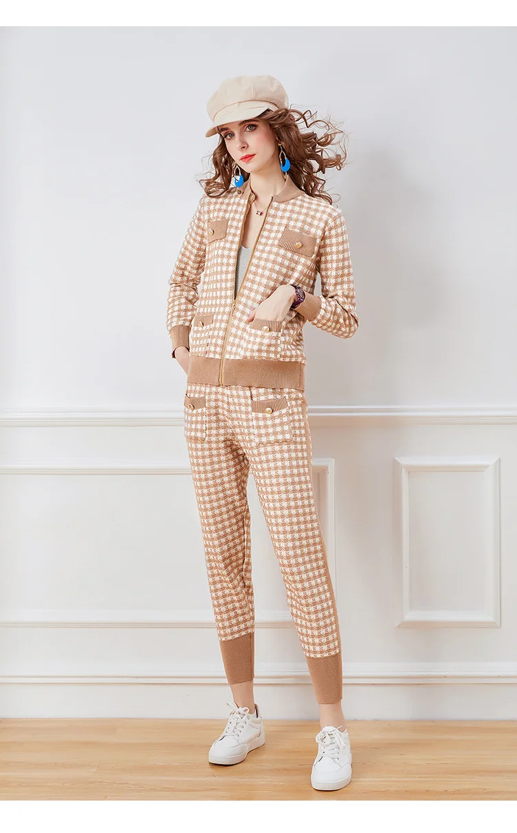 

Houndstooth Wool Knit Cardigan Jacket Coats Two-piece Set Women Autumn Winter Elasticated Waist Pants Fashion Set tracksuit