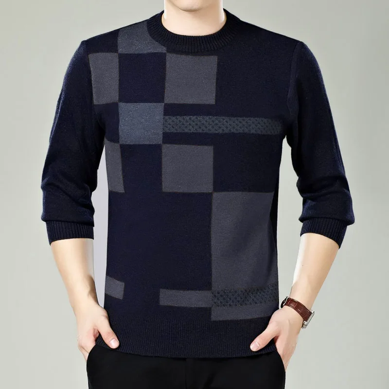Осенне-зимний модный мужской шерстяной вязаный свитер с круглым вырезом, мужские повседневные облегающие пуловеры, свитера для мужчин среднего возраста, свитер