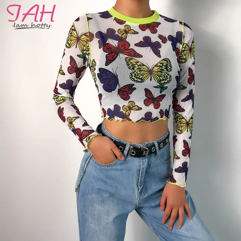 Iamhotty бабочка печатная сетка модная футболка облегающая прозрачная уличная Футболка женская прозрачная с длинным рукавом Топ