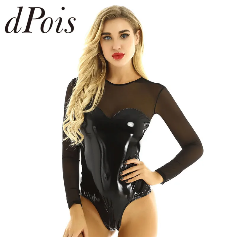 Женский сексуальный слитный купальник из лакированной кожи сетчатый с длинными