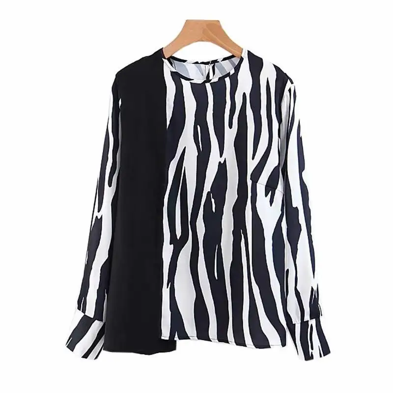 2022 Women Black Striped Patchwork Print Blouse Autumn Long Sleeve O-Neck Shirt Spliced Loose Casual Office Tops