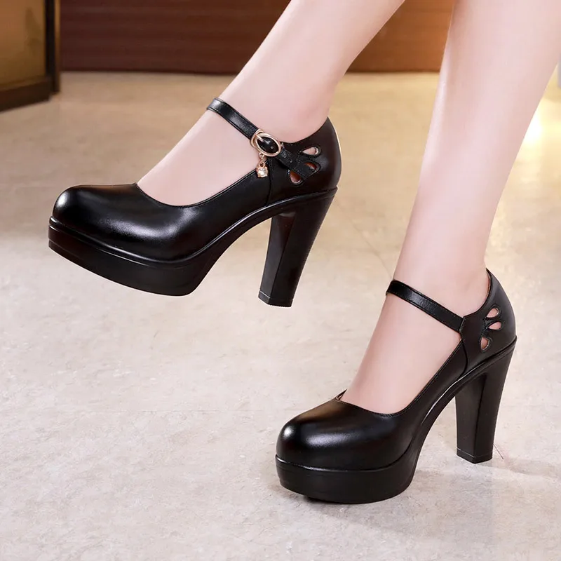 10cm heel black Обувь на платформе с квадратным каблуком и круглым носком; женские туфли-лодочки; коллекция года; свадебные туфли на высоком каблуке; женская офисная обувь из спилка; большие размеры - Цвет: 10cm heel black