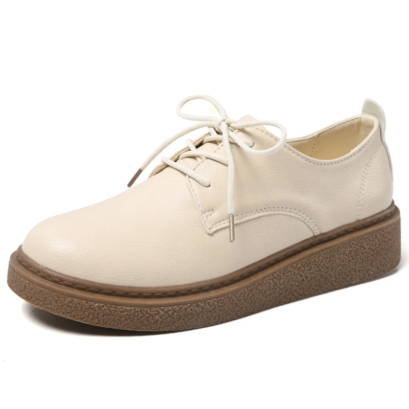 leather upper beige EOFK/Женские Кожаные броги на плоской платформе; сезон весна-осень; обувь на шнуровке; женская повседневная обувь на плоской подошве; криперы - Цвет: leather upper beige