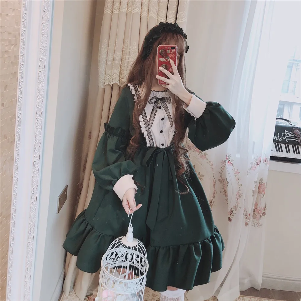 long sleeve Милое Платье Лолиты в готическом стиле; винтажное кружевное платье с круглым вырезом и бантом в викторианском стиле; платье для девочек в готическом стиле; платье лолиты для костюмированной вечеринки - Цвет: long sleeve