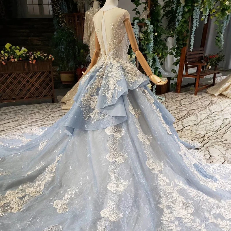HTL785 Light Blue Beading Evening Dress 2020 Appliques O-Neck Cap Sleeves Polyester Tulle Ball Gowns Flowerls 6