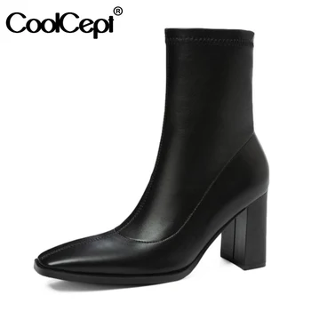 

CoolCept Women Ankle Boots Winter Warm Thick High Heel Shoes Women Leather Short Boots Fashion Office Lady Footwear Size 34-39