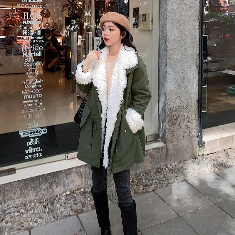 

Photo Shoot Army Green Cotton Coat Mid-length 2019 Winter New Style Korean-style Lambs Wool Joint Workwear Cotton Overcoat Women