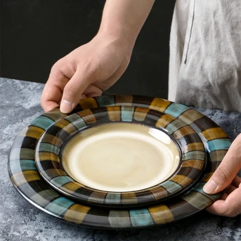 

Ceramic Round Steak Plate European Style Lattice China Retro Flat-bottom Main Course Creative Household Porcelain Tableware