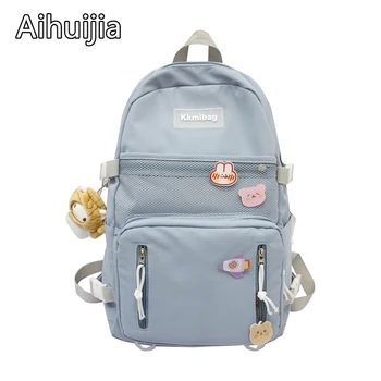 

Large Capacity Multifunction Teen Schoolbag New Nylon Solid Color Women's Backpack Girls Fashion Badge Pendant Travel Backpacks