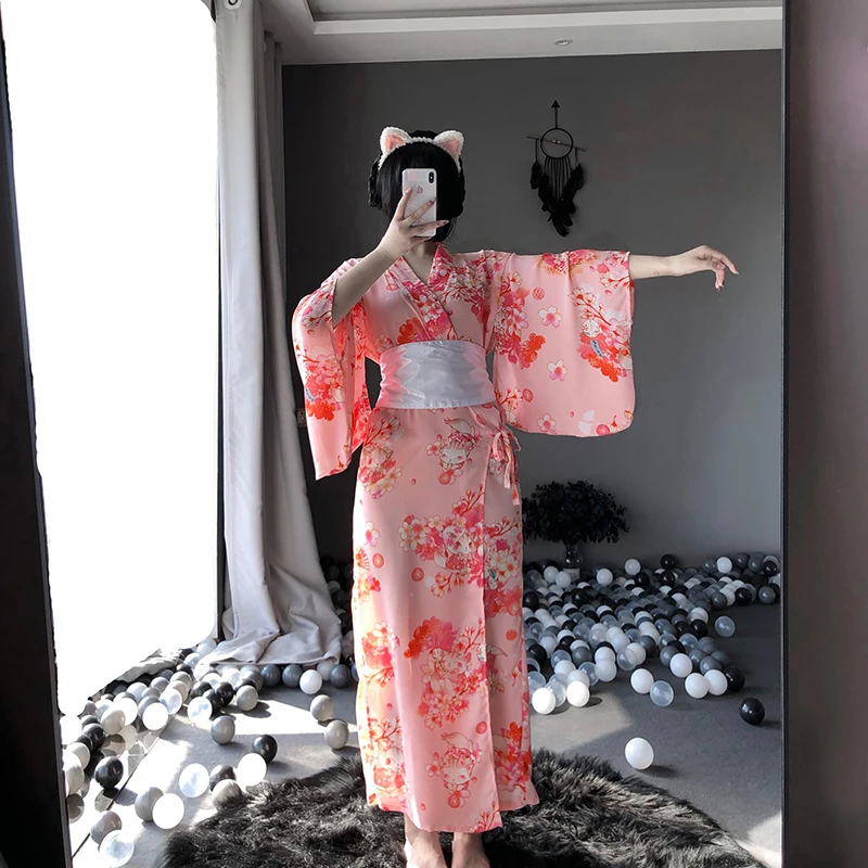 Japanese Kawaii Pink Kimono White Bow-Knot Waistband Thong Sexy Lingerie Cosplay Costumes