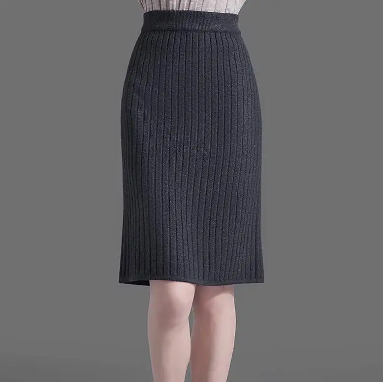 Dark gray 60cm 60-72 см, юбки с высокой талией, Женская Осенняя зимняя теплая трикотажная юбка-карандаш, одноцветная юбка в рубчик для женщин - Цвет: Dark gray 60cm