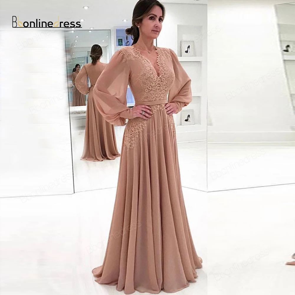 

Elegant Long Evening Dress Chiffon Lace Evening Dresses Deep Full Sleeves Formal Party Gown robe-de-soiree