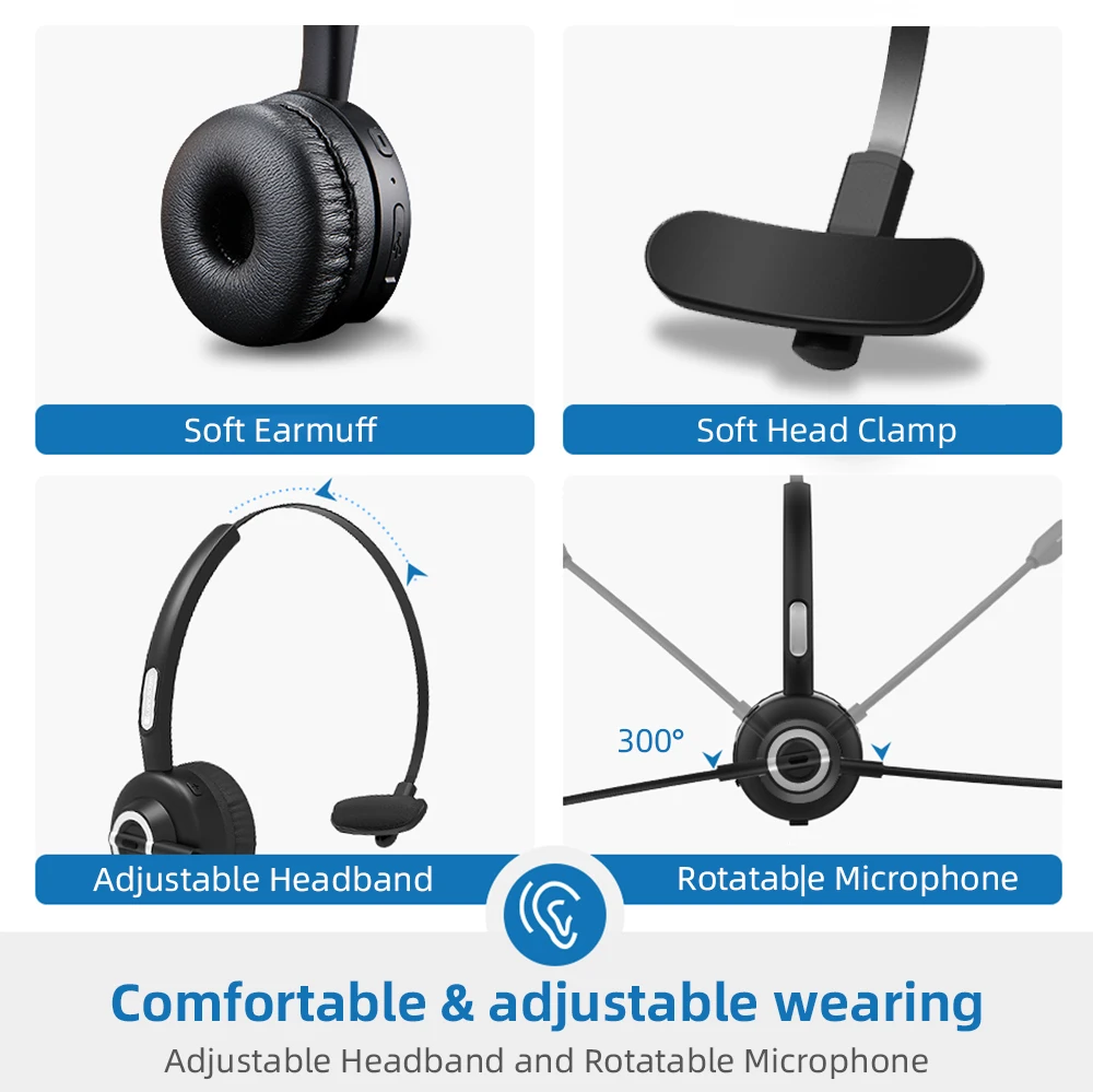 Monaural Bluetooth Wireless Noise Cancelling Headphones Call Center VOIP Headset for Office Telephone Operator with Microphone