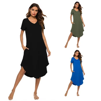 

Sexy Pajamas for Women Home Clothes Ladies Short Sleeve Casual Solid Color Comfy Nightgown Sleep Dress