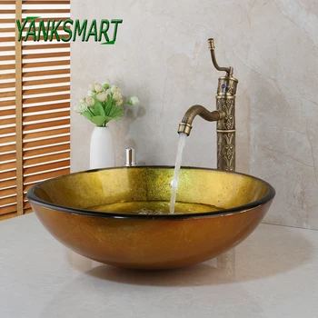 

YANKSMART Yellow Round Countertop Tempered Glass Basin Sink Bathroom Antique Brass Faucet Retro Waterfall Faucets Kit Mixer Tap