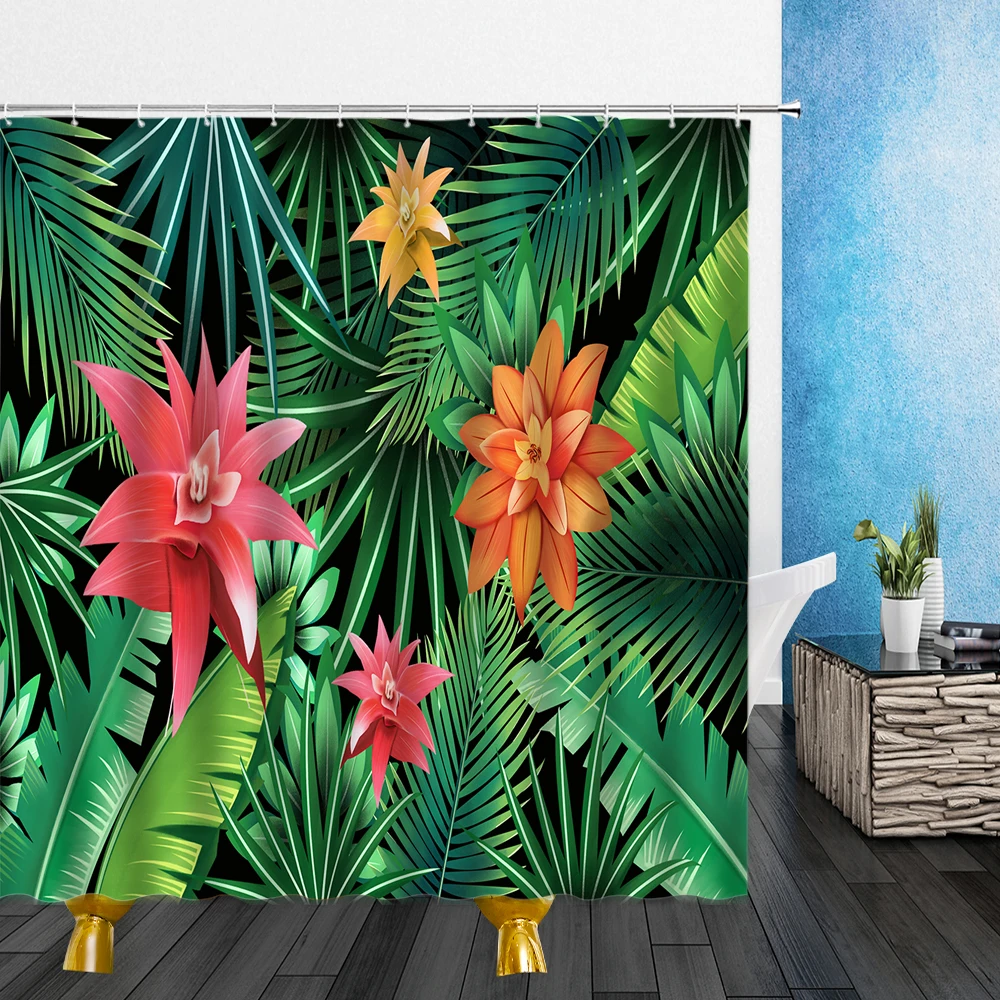 

Занавеска для душа с рисунками растений, зеленых листьев, красных цветов, пальмовых листьев, 3d-принт, для ванной комнаты, домашний декор, водонепроницаемая занавеска из полиэстера