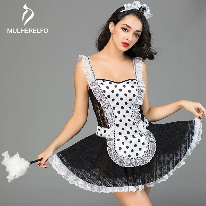 

Sexy Open Back Maid Outfit Women Night Dress New Square Collar Sashes Ruffles Printing Lady Lingerie Uniforms Women Nightwear