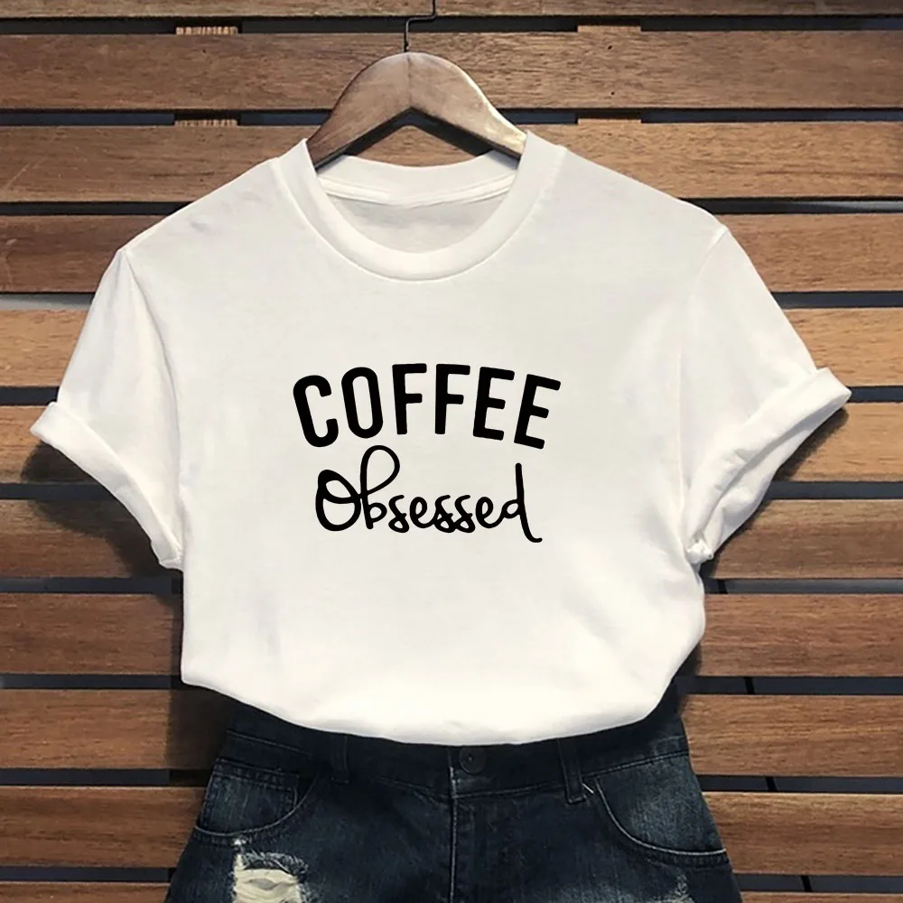 

2QIMU Tees short-sleeved Ladies T-shirt Top1 Cotton With Printed COFFE Obsessed Pattern Autum New T-shirt girl