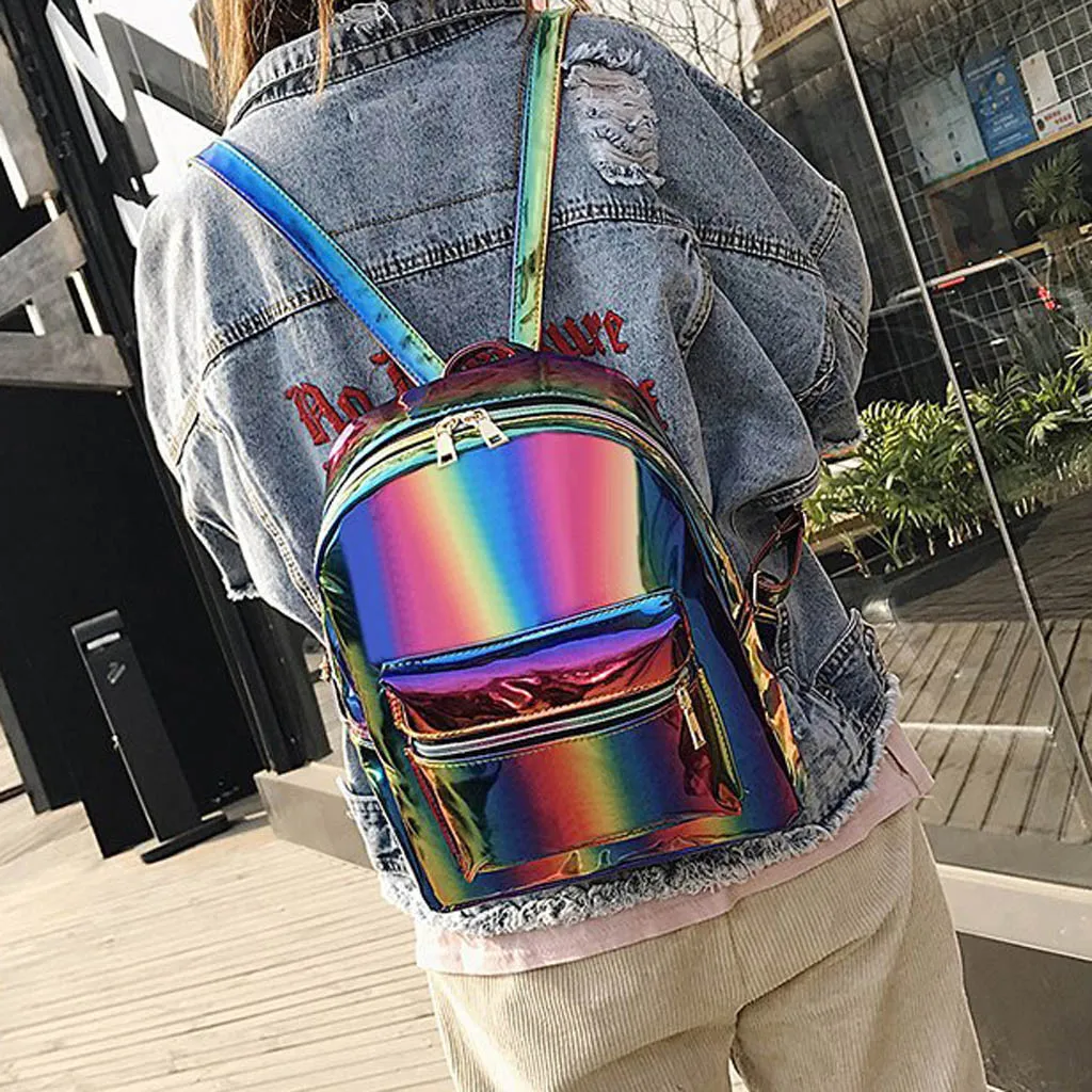 Голографический лазерный рюкзак для девочек, школьная сумка для женщин, Радужный цветной металлический серебристый лазерный голографический Рюкзак#35