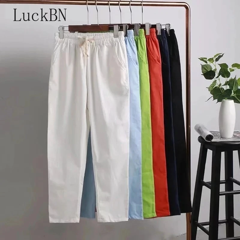 Pantalones informales de lino y algodón para mujer, pantalón holgado con Bolsillos y cintura elástica, color blanco y negro, para primavera