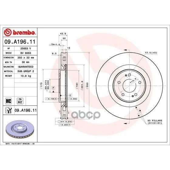 Диск Тормозной Uv Coated | Перед | Mitsubishi Lancer Viii(Cy_a, Cz_a) Evo X(Cz4a) 06.2008- 06. Brembo арт. 09A19611