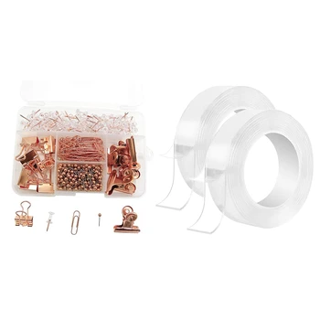 

500x Push Pins Binder Clips Paper Clips Map Tacks Sets 5 Styles & 2x Reusable Double-Sided Tape Nano Tape Seamless Tape