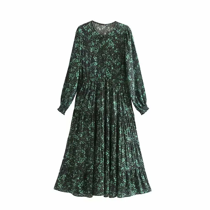 

2019 New Women elegant o neck long sleeve Vestidos green floral print casual midi Dress Ladies chic pleats autumn Dresses DS2915