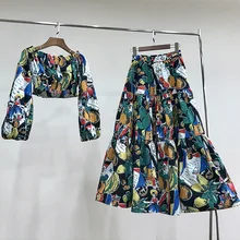 Blogger Style Two Piece Set Ladies Shirred Elastic Off the shoulder Short Blouses and Tops + High Waist Printed Long Skirts Blogger Style Two Piece Set Ladies Shirred Elastic Off the shoulder Short Blouses and Tops + High Waist Printed Long Skirts