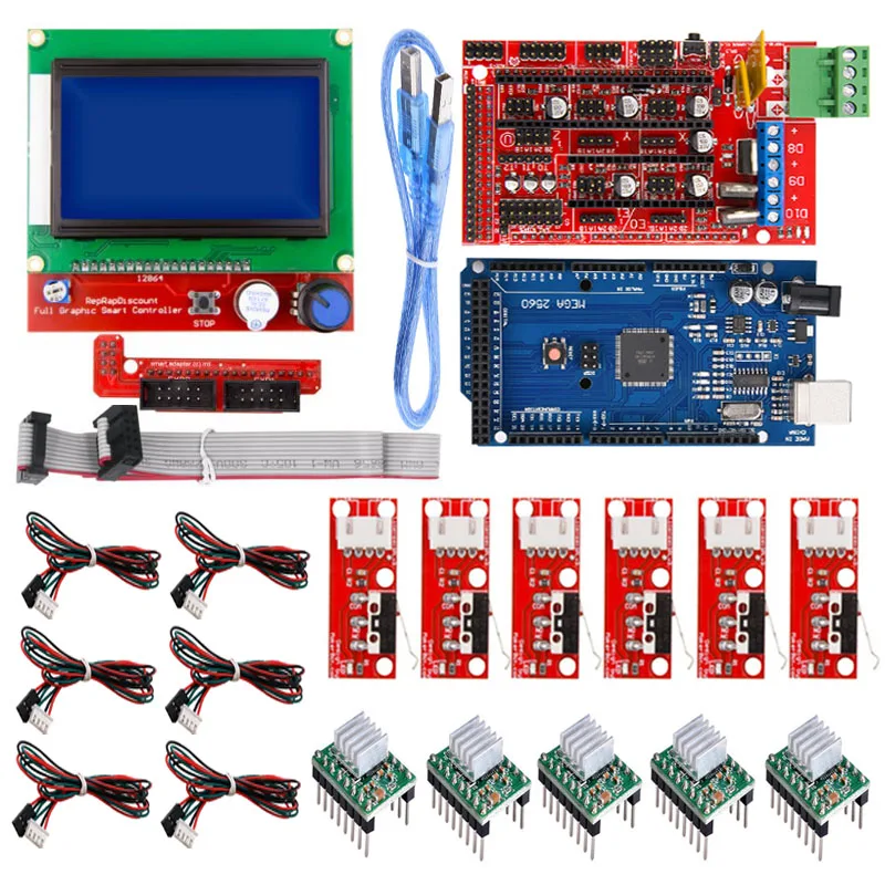 CNC 3d Принтер Комплект для Arduino Mega 2560 R3+ RAMPS 1,4 контроллер+ lcd 12864+ 6 концевой выключатель фиксатор+ 5 A4988 шаговый драйвер