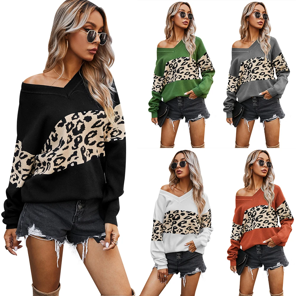 

Women Winter V-Neck Leopard Patchwork Pullover Sweater Fashion Off Shoulder loose Knitting Comfy Tops Femme Vestidos Mujer D30