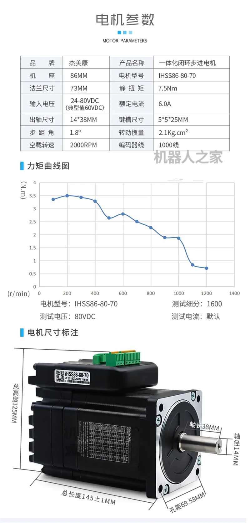 IHSS86-80-70 JMC Nema 34 7.5Nm DC60V интегрированный замкнутый контур шаговый двигатель с Драйвером