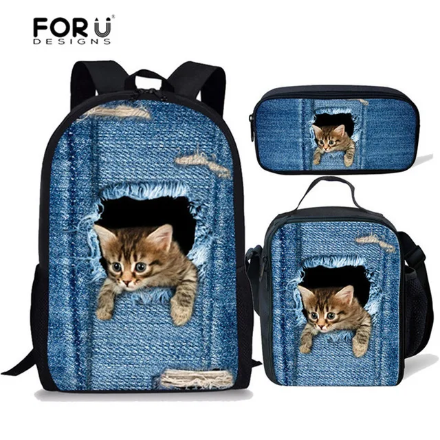 C3301CGK FORUDESIGNS/5 шт./компл. из джинсовой ткани с рисунком кота школьный студенческий рюкзак школьный рюкзак для девочек-подростков, Детские рюкзаки для садика с Детские ранцы - Цвет: C3301CGK