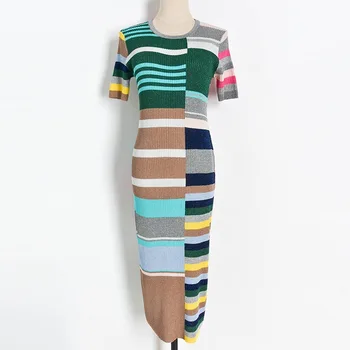 

Sexy Bodycon Dress Women 2020 Summer Round Neck Short Sleeve Hit Colors Striped Midi Dress Knitting Tight Dress Vestidos