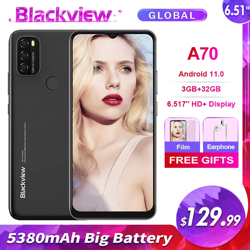 Смартфон Blackview A70 3 ГБ + 32 5380 мАч Android 11 0 Восьмиядерный HD экран 6 51 дюйма тыловая