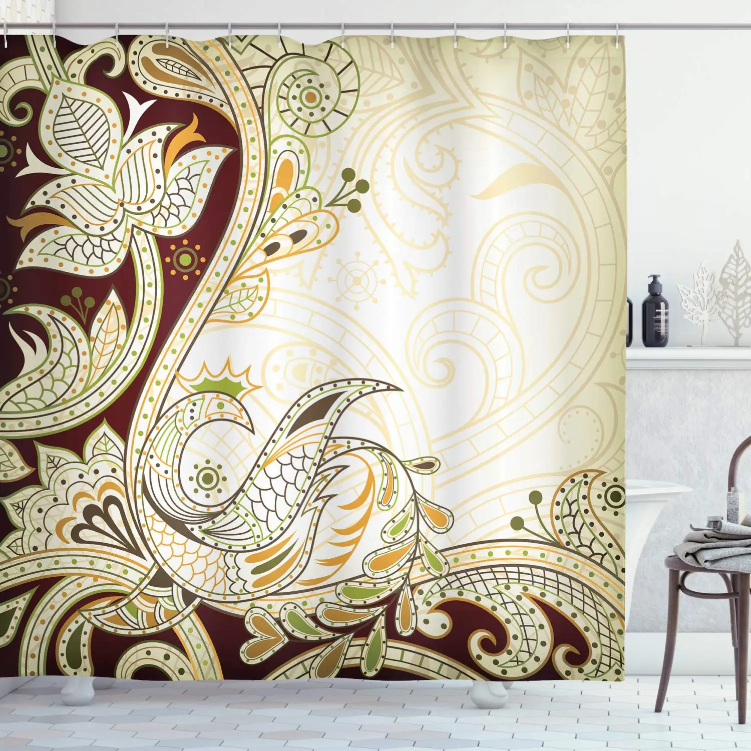 

Ethnic Shower Curtain, Oriental Floral Leaf Pattern with Middle Eastern Design, Cloth Fabric Bathroom Decor Set with Hooks