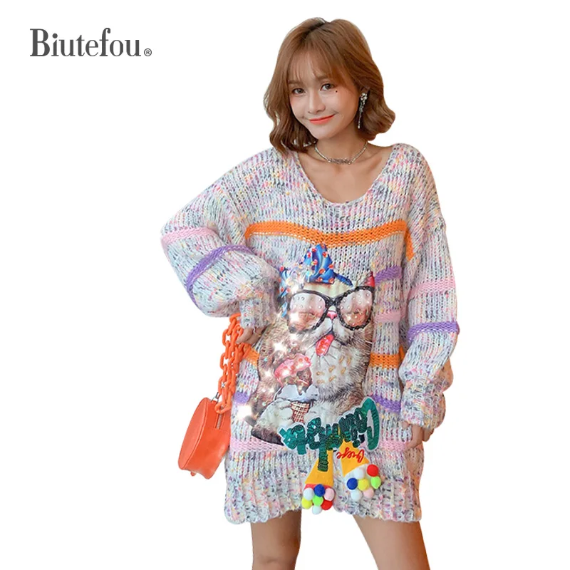 

2019 Autumn sequins patchwork loose dresses fashion lantern sleeve women long knitted dresses
