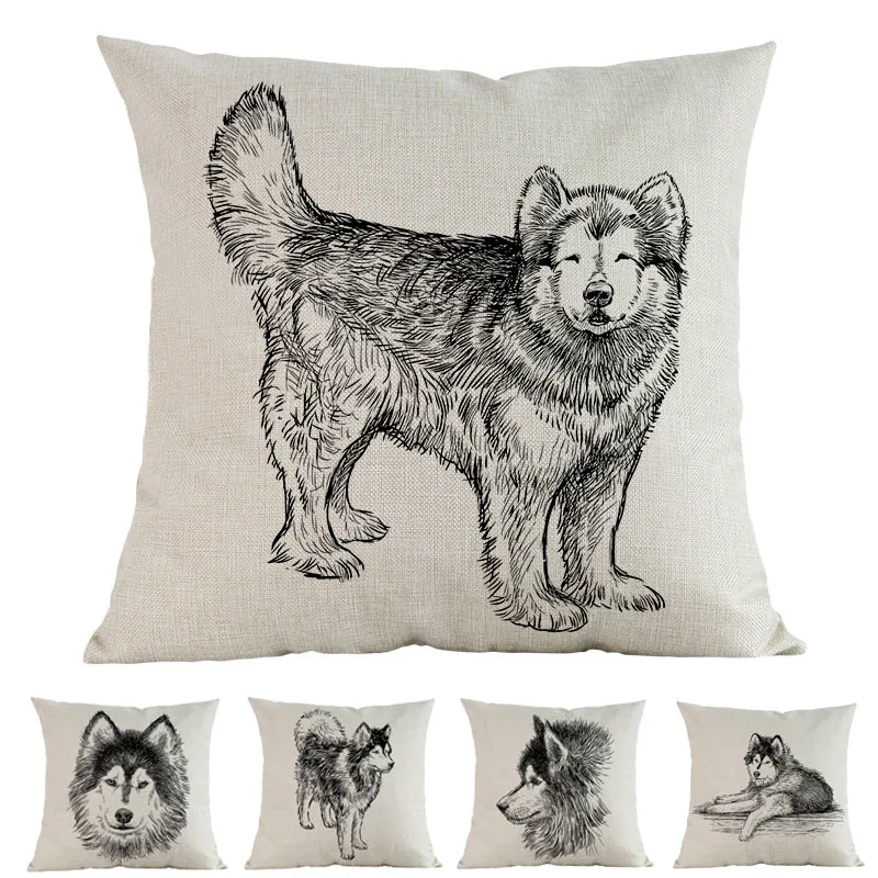 Hand Drawing Style Portrait of Siberian Husky Animal Pets Dog Linen Pillow Case Home Car Sofa Decoration Cushion Cover | Дом и сад