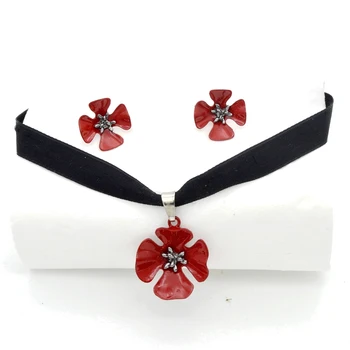

2017 New Design Velvet Belt Choker Necklace with Red Poppy Flower Pendant Necklace and Earrings Jewelry Sets