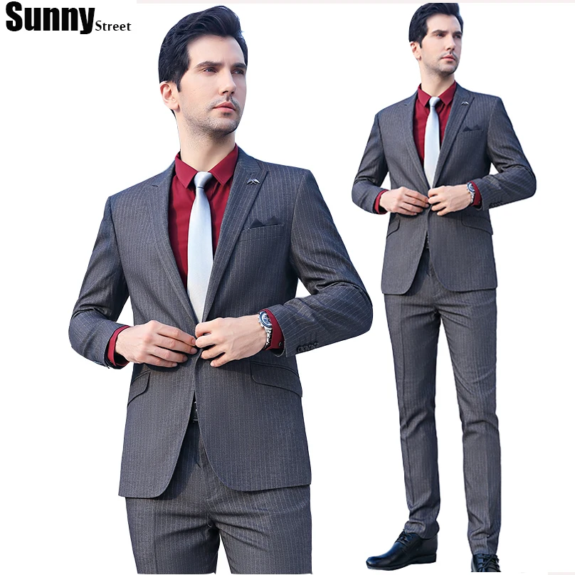

Tailor Suits for Men Formal Wear Grey and Navy Striped High Quality Office Business Wear 2 pieces Set (Jacket+Pant)