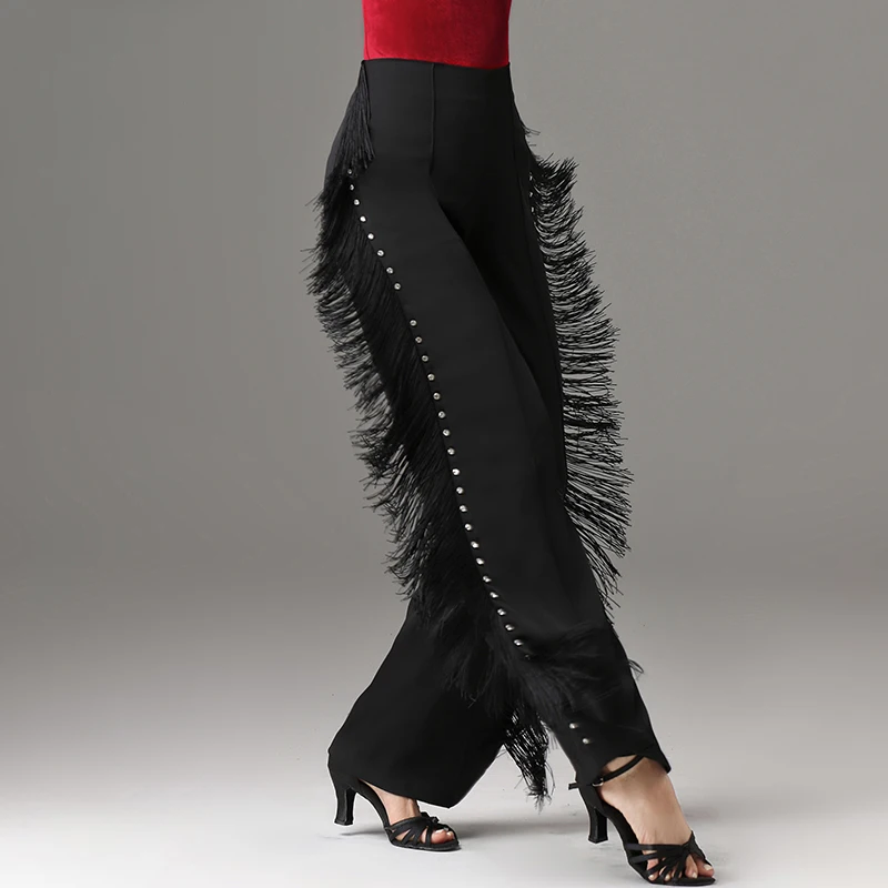 Black red High waist fringe Latin ballroom dance pants for women