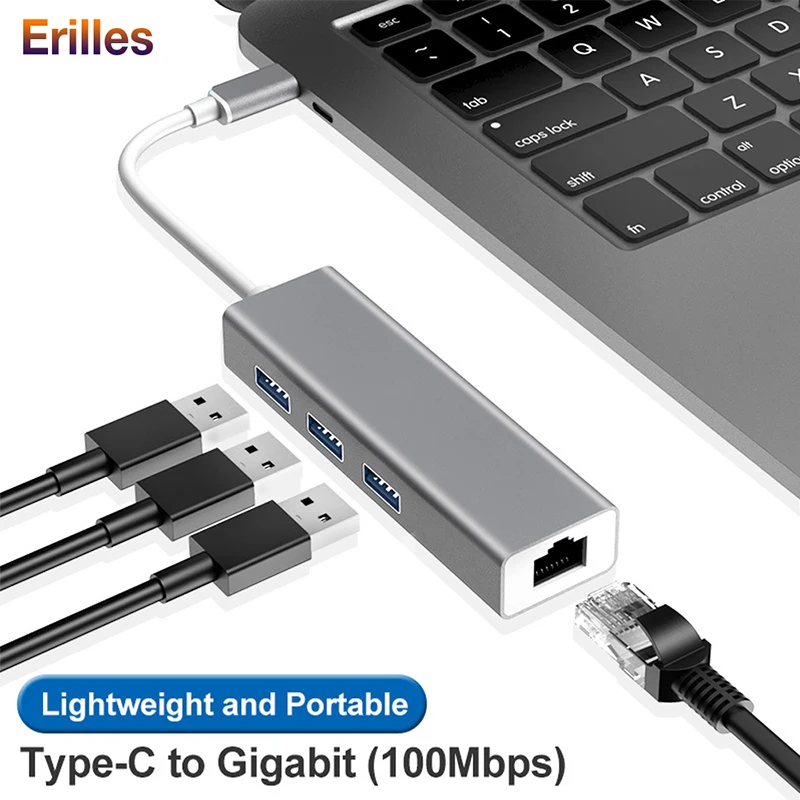 

4 Port USB 3.0 Hub for Macbook Type c to Gigabit Ethernet RJ45 Type c to USB 3.0 Mobile to PC Converter Adapter Data Splitter