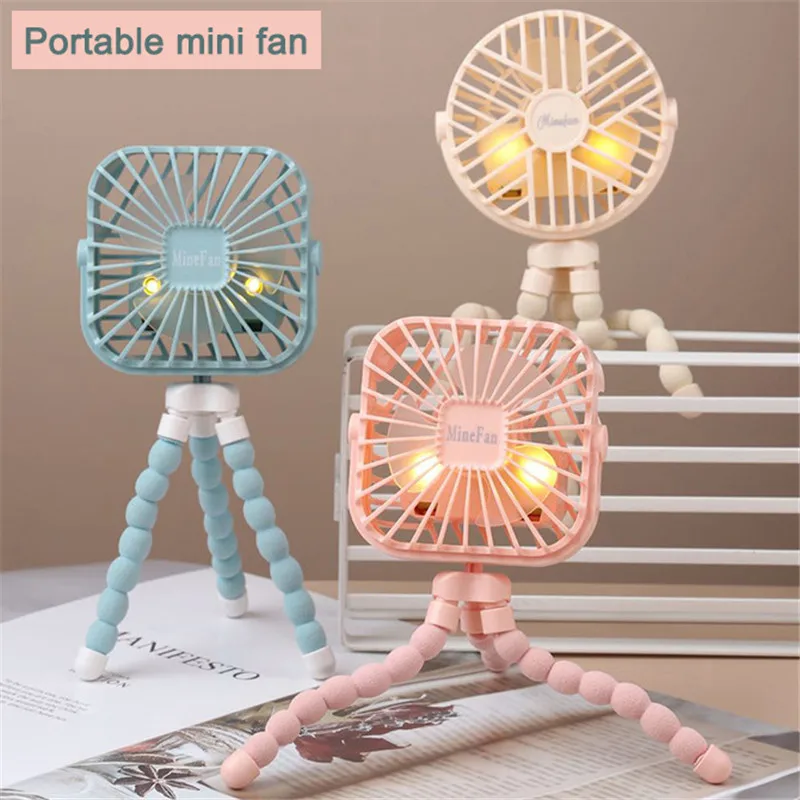 

Mini Portable Fan USB Hanging Stand Adjustable Handheld Charging Fans Cooler with Light Baby Stroller Student Use Fan