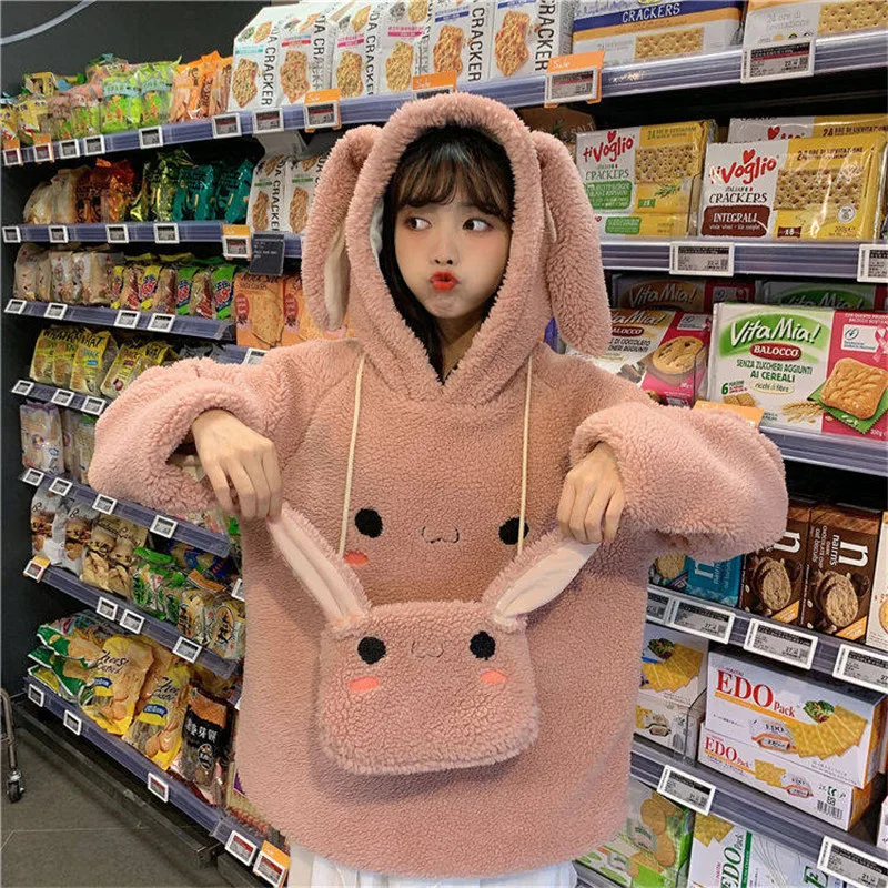 Kawaii, женские толстовки с ушками, белые, розовые, свободные, теплые, с капюшоном, милая верхняя одежда, пальто, осенняя, с длинным рукавом, японская кофта для девочек