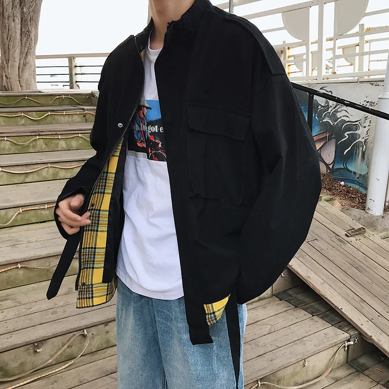 

Tooling Jacket Men's Hong Kong Style Retro Casual Plaid Stitching Contrast Color Youth Loose-Fit Black And White with Pattern Ha