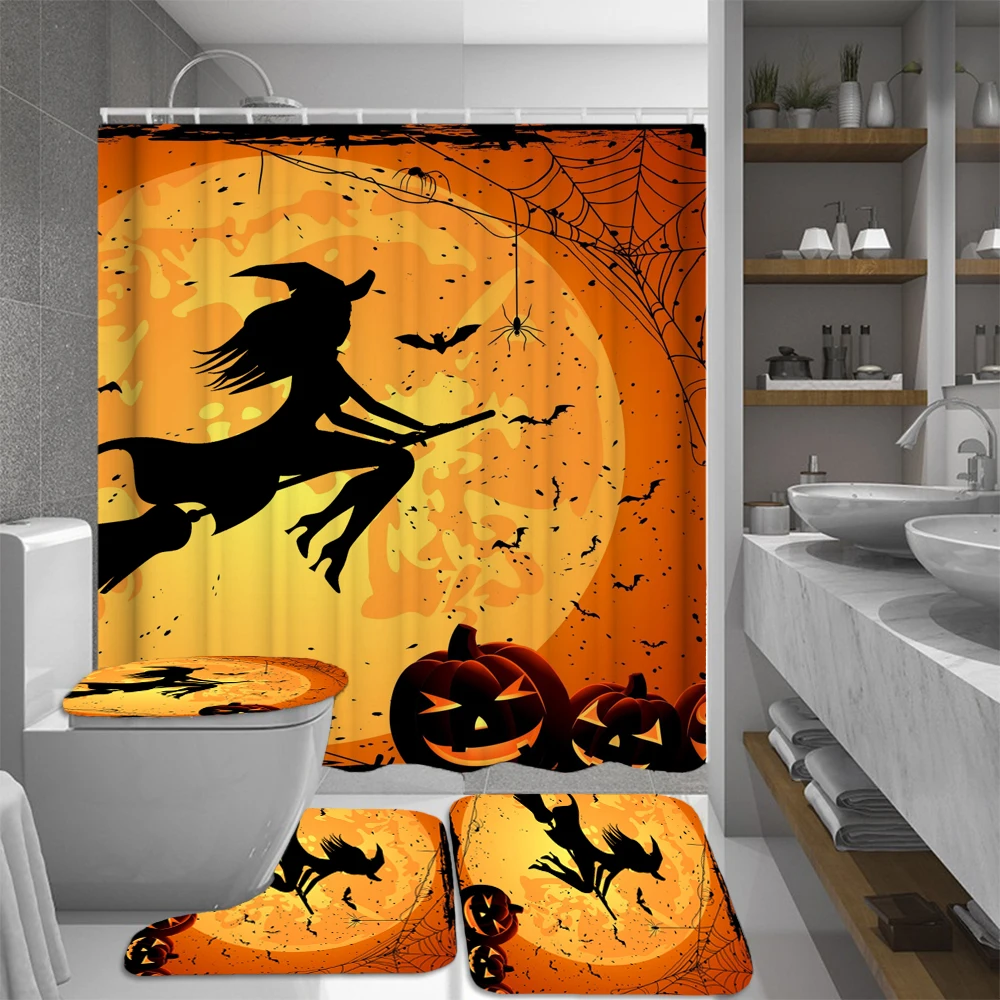 Halloween Pumpkin Witch Bathroom Shower Curtain Bath Rugs Toilet Seat Cover Sets Bath Home Garden