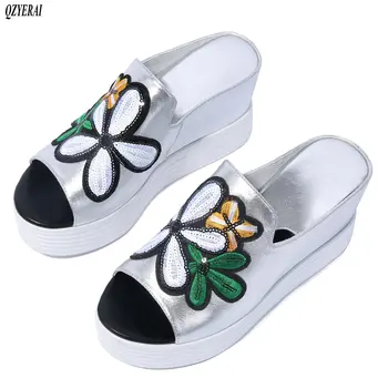 

Spring summer natural leather women's slippers inner height slippers fish mouth sandals cowhide women's shoes size 34-40