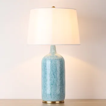 

Post-modern America Country Blue Ceramic Table Lamp for Foyer Bed Room Study Decor Porcelain Fabric Desk Light 1925