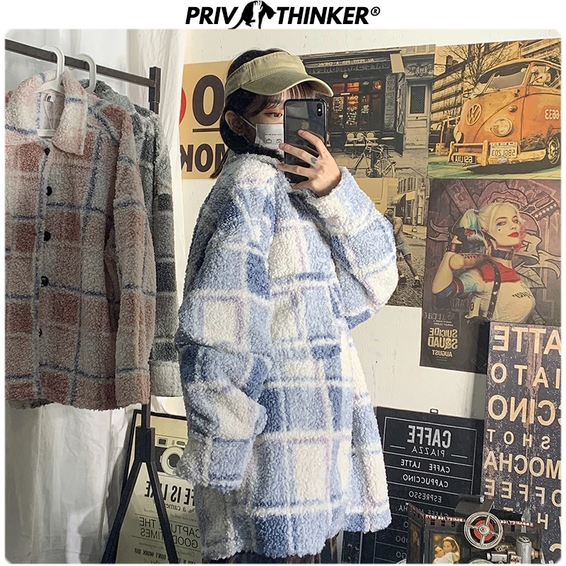 Privathinker, мужские и женские,, клетчатые, повседневные, утолщенные, шерстяные куртки, женская зимняя теплая одежда, пальто для пары, модные куртки, большие размеры
